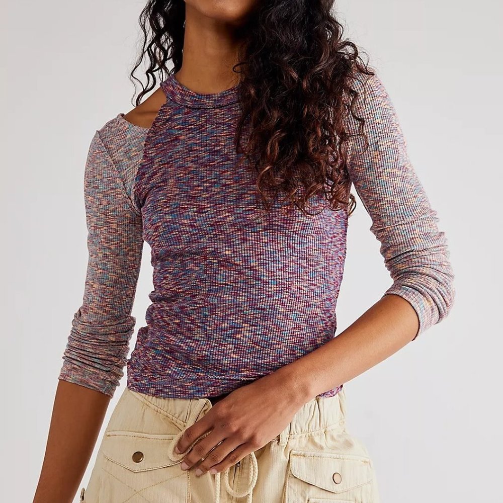 Free People Out of Control Cold Shoulder Top in Warm Color Combo Size Small NWT